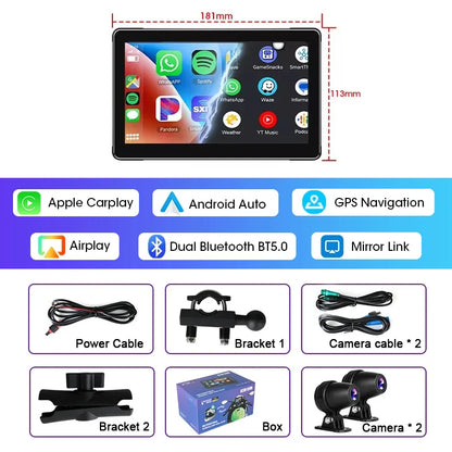 5/7 Inch Motorcycle CarPlay DVR Navigation GPS Monitor – Wireless Android Auto, Airplay, IPX7 Waterproof Portable Display