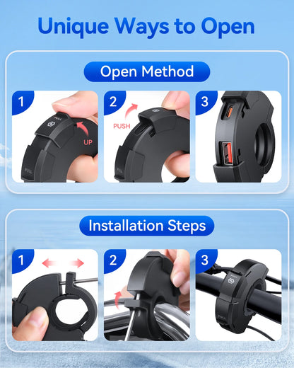 Extractme QC3.0 30W USB Fast Charger – Waterproof Motorcycle Handlebar Mount for Bikes & Cameras