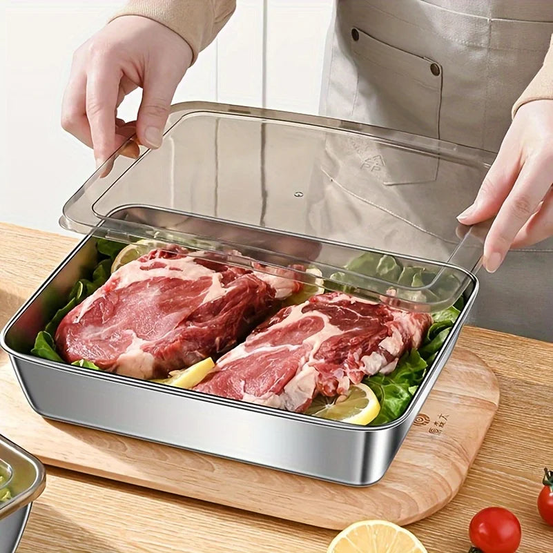 Stainless Steel Food Storage Container – Rectangular Dish with Lid for Noodles, Fruit, Lunch, and Refrigerator Organization