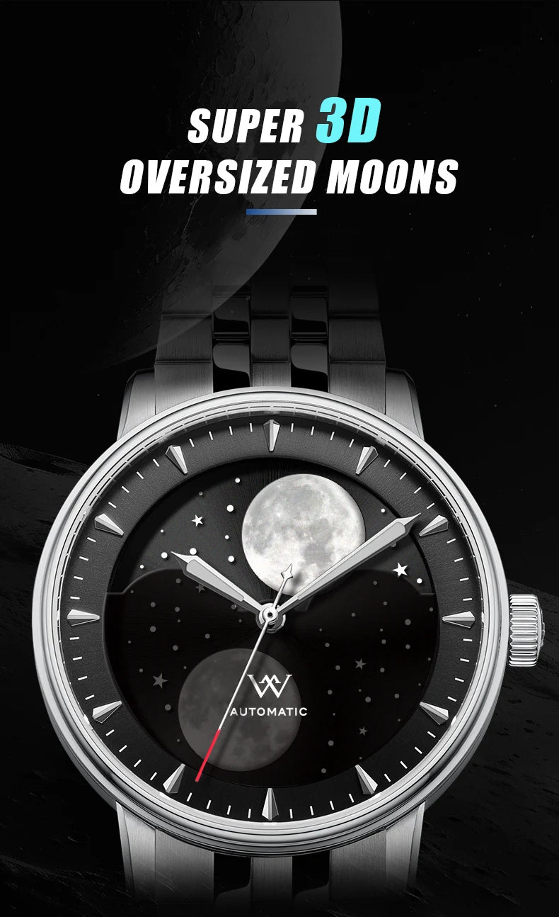 WM Welly Merck Automatic Mechanical Men's Watch — Lunar Moon Phase, Sapphire, Waterproof, Luminous Twin Moons WM142