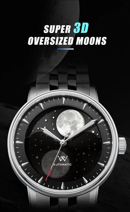 WM Welly Merck Automatic Mechanical Men's Watch — Lunar Moon Phase, Sapphire, Waterproof, Luminous Twin Moons WM142