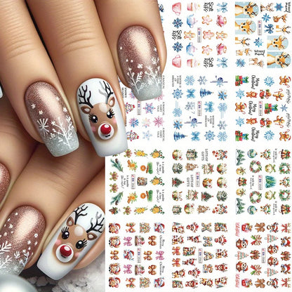 12 Christmas Nail Watermark Stickers – Gingerbread, Deer, Bow, Snowflake & Santa Designs