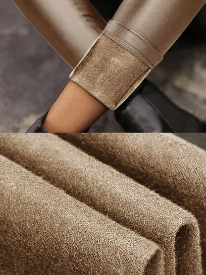 Women’s Trendy High Waist PU Leather Skinny Pants – Stretchy Thermal Lined Cropped Winter Trousers with Slant Pockets