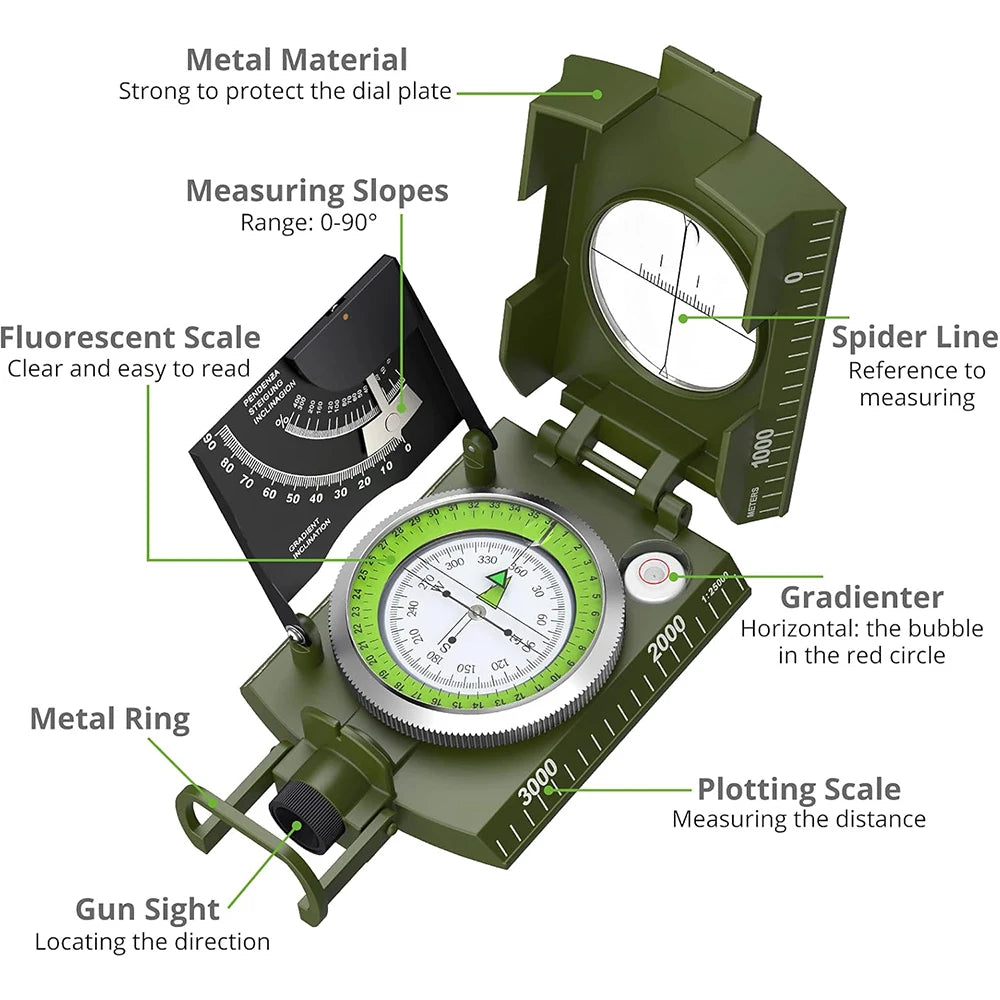 Multifunctional High-Precision Military Compass — Waterproof Metal Outdoor Survival Camping Compass with Fluorescent & Geological Features