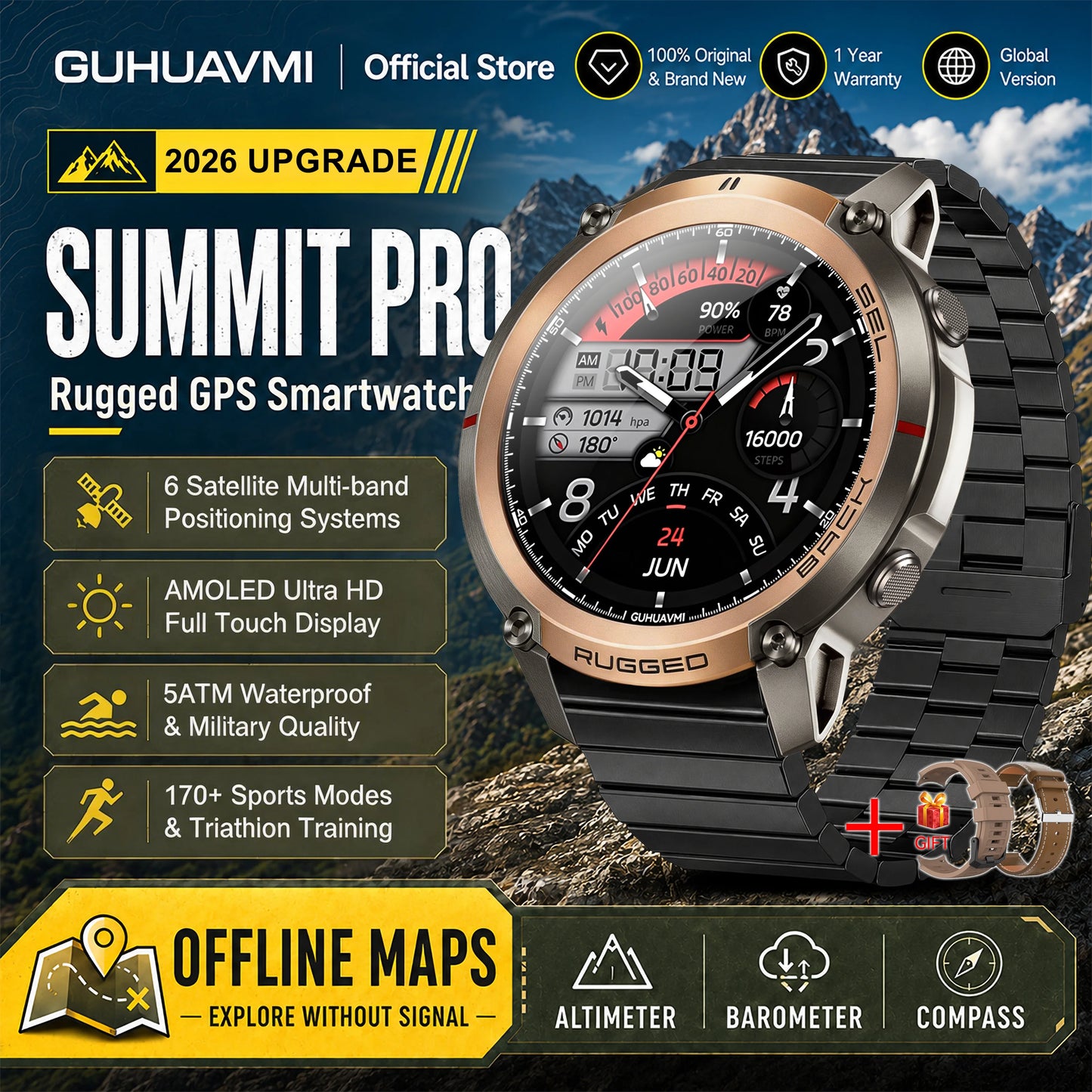 Military GPS Smartwatch for Men - 1.43" AMOLED Display, Bluetooth Calls, Compass, 5ATM Waterproof & 170+ Sports Modes