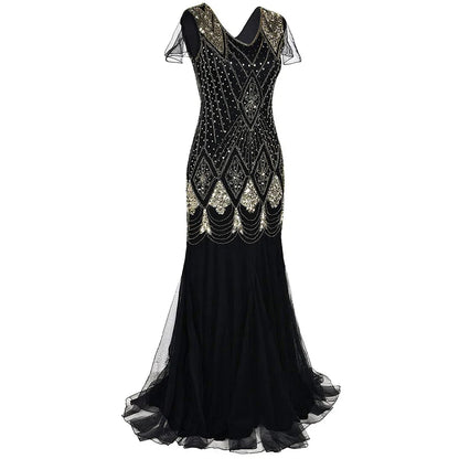 Women’s 1920s Great Gatsby Flapper Dress – Vintage V-Neck Sequin & Bead Long Mesh Maxi Party Prom Gown