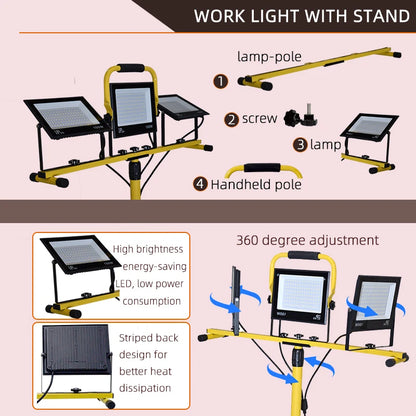 30000 Lumen LED Work Light - 3-Head Portable Flood Light with Stand
