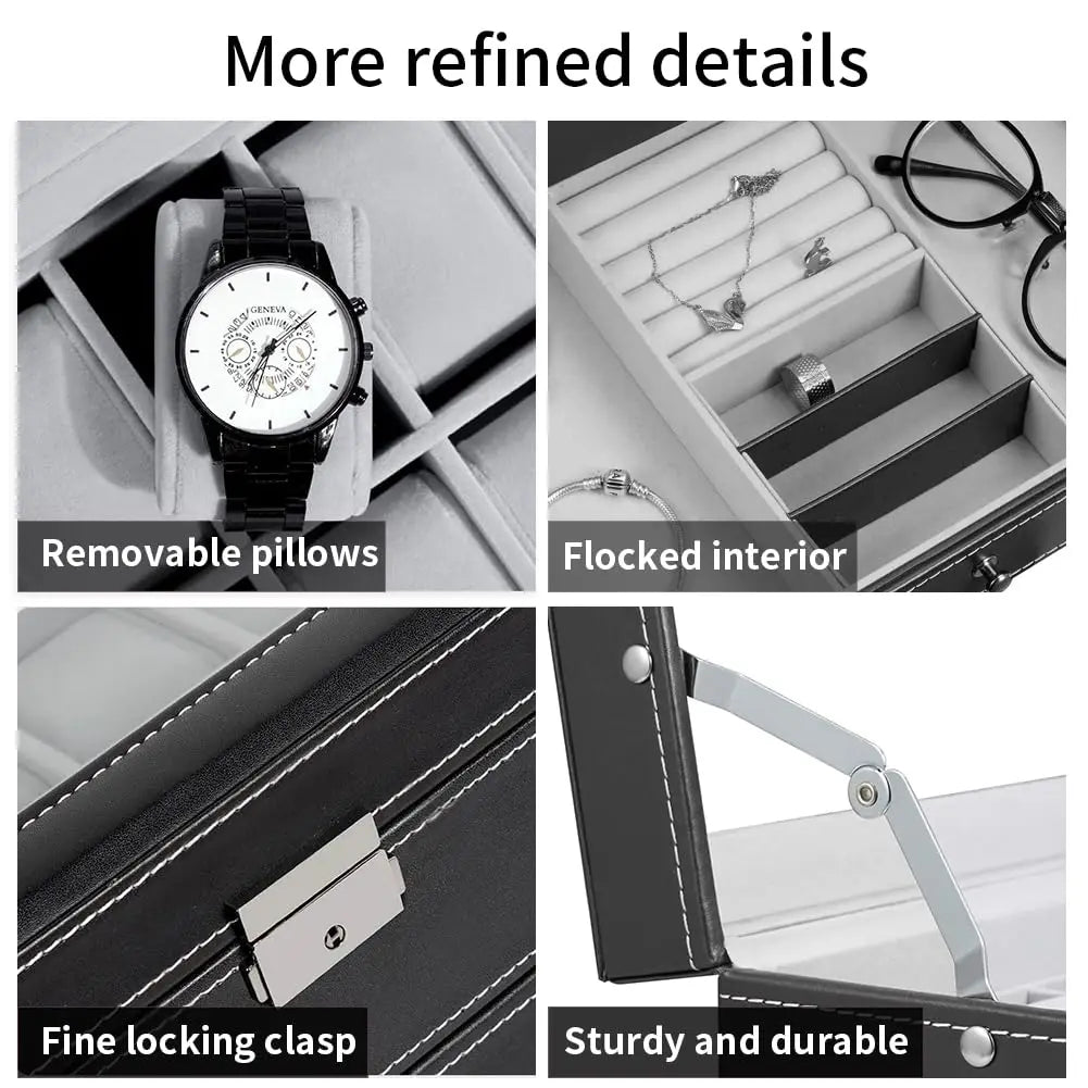2024 12-Slot Leather Watch Storage Box — Lockable 2-Tier Organizer & Jewelry Display Drawer for Men & Women