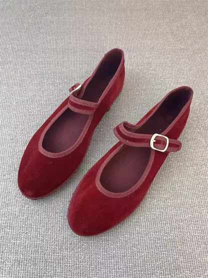 Women's Velvet Mary Jane Shoes – Hand-Stitched Ballet Flats, Casual Streetwear Loafers in Solid Colors