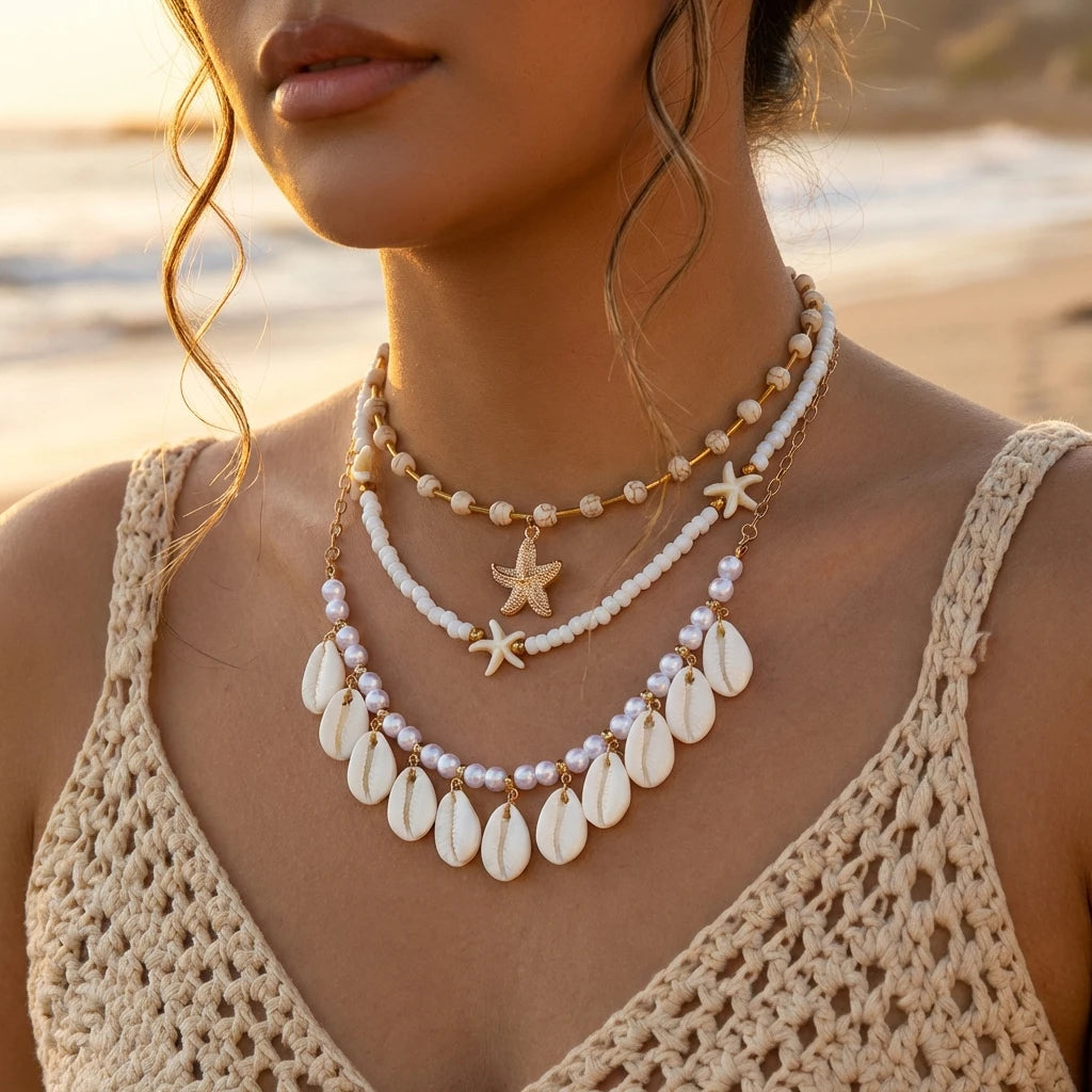 Bohemian Shell Layered Necklace - Vintage Starfish & Turtle Blue Beaded Beach Jewelry for Women