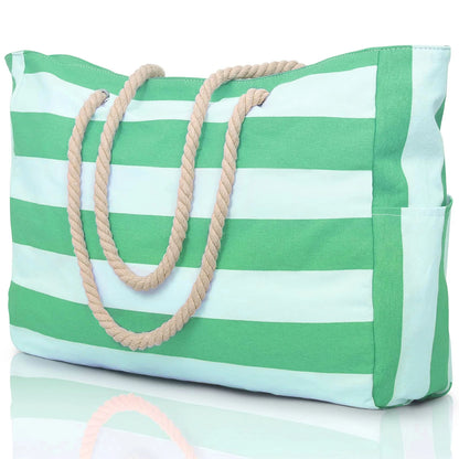 Striped Waterproof Canvas Beach Bag – Zippered Foldable Tote for Outdoor Travel and Vacation, Sand-Resistant Design