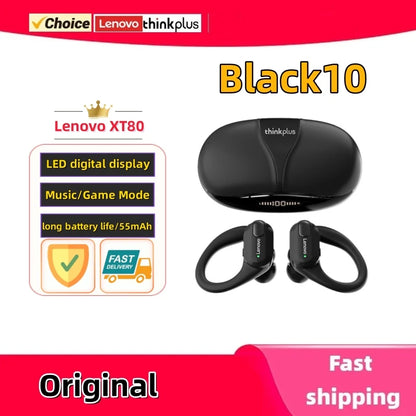 Lenovo XT80 Sports Wireless Earphones — TWS Bluetooth 5.3, HiFi Stereo, LED Power Display, Built-in Mic Headphones