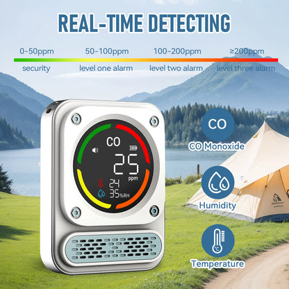 3-in-1 Portable Carbon Monoxide Detector - High-Precision 0–1000 PPM CO Meter with Temperature, Humidity & 3-Level Alarm for Home, RV & Camping