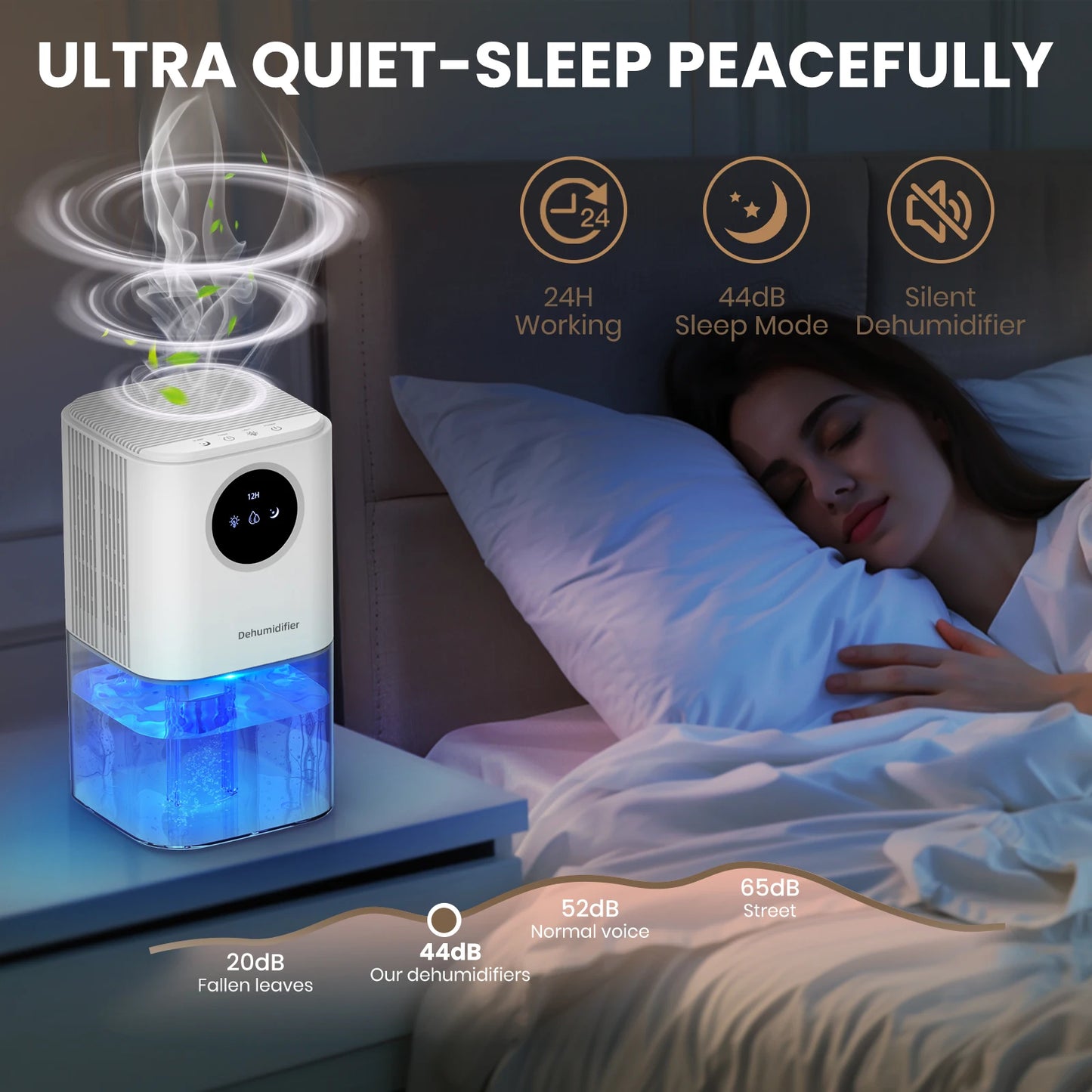 Portable Dehumidifier – 35oz Capacity, Silent Operation, Colorful Lights & Timer Switch for Home & Bedroom