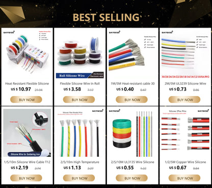 1/2/5M Copper Silicone Rubber Wire – Flexible 30 to 10 AWG 2-Pin DIY LED Connector Cable, Black & Red
