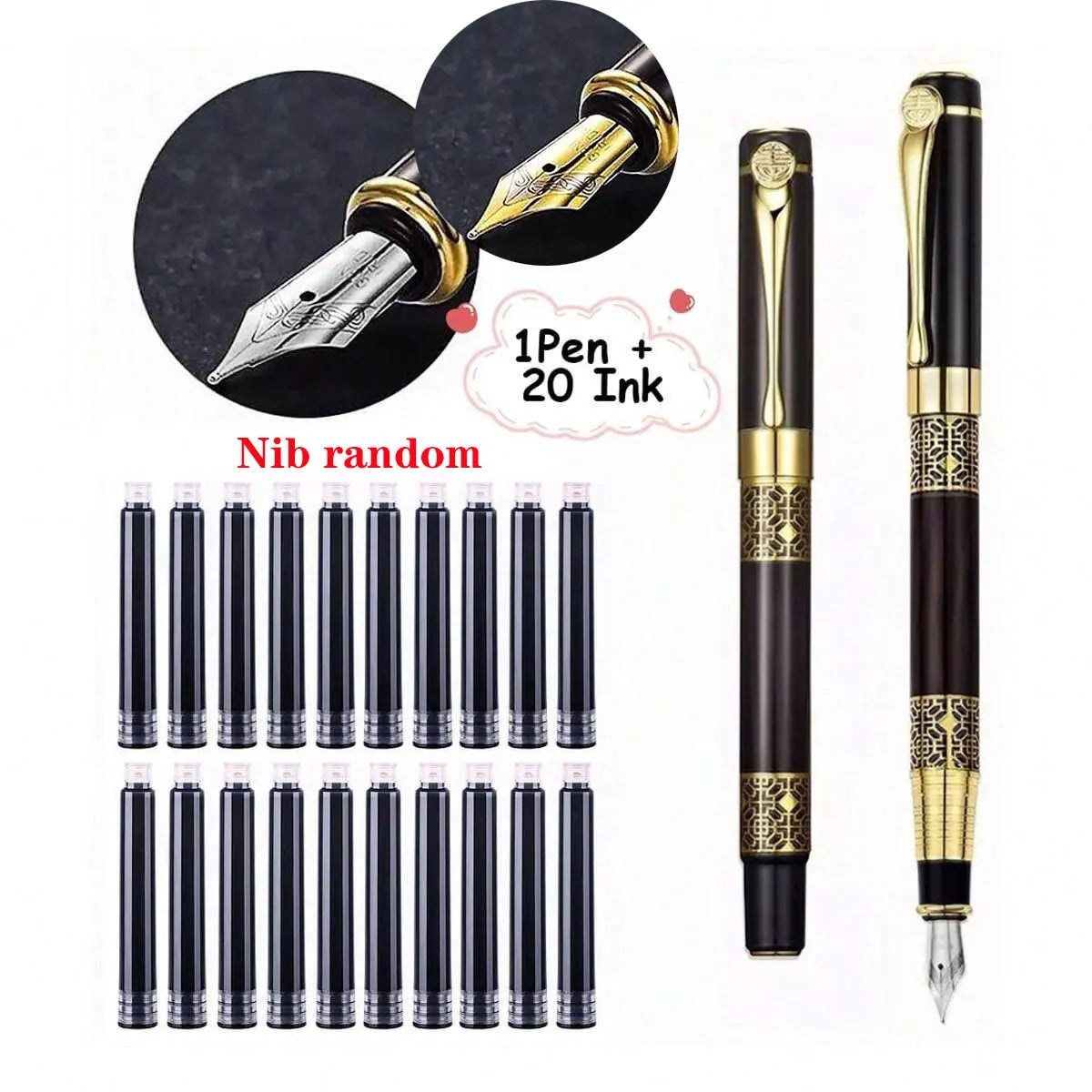 Retro Metal Fountain Pen — 1-100PCS Set with Replaceable Ink, Elegant Writing Pen for Office, School, and Stationery Gifts