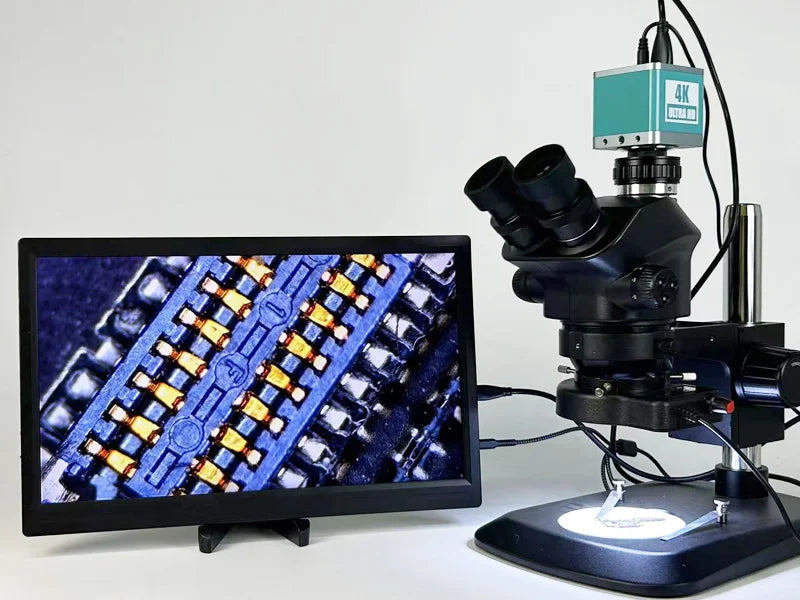 3.5-200X Simul-Focal Stereo Trinocular Microscope Set – 4K/2K/1080P HDMI VGA USB Camera, Clamp & Folding Extension Base
