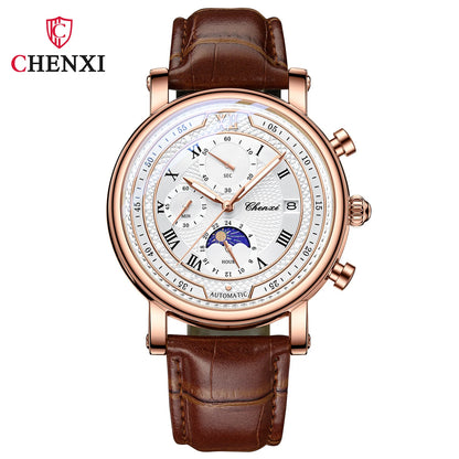 Chenxi 976 Men’s Leather Chronograph Watch – Phase of the Moon, Luminous Quartz Date Timepiece, Business Reloj para Hombres