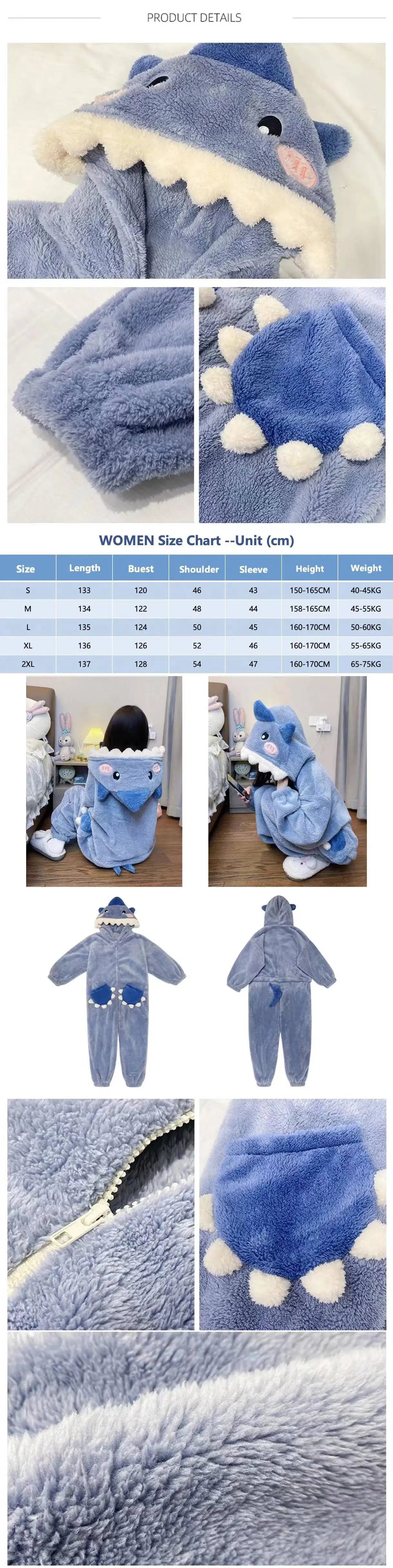 Cartoon Cute Shark Women's Hooded Sleepwear – Unicorn Kigurumi Winter Cosplay Pajama Jumpsuit, Christmas Party Loungewear