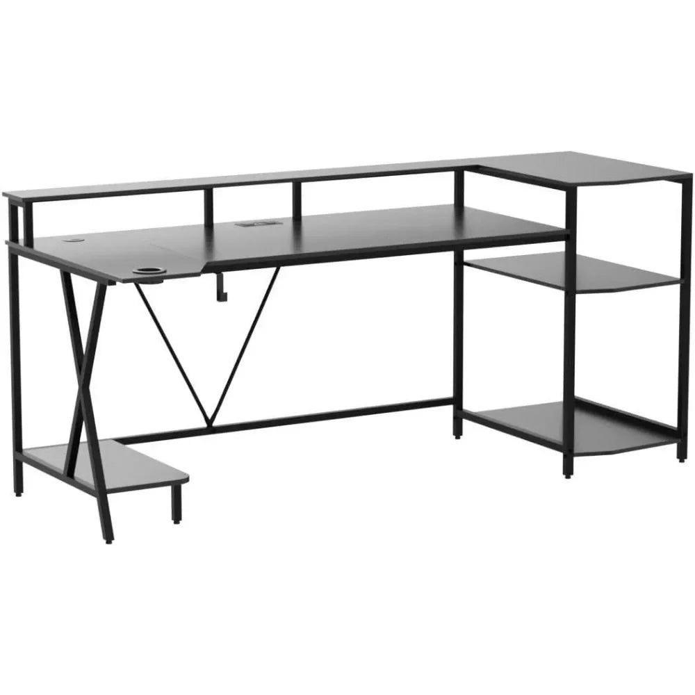 70.8'' Gaming Desk with LED Lights – Computer Desk with Storage Shelves, Monitor Stand, Power Outlets & Cup Holder