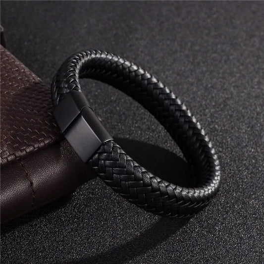 Retro Men’s Leather Open Bangle - Woven Adjustable Bracelet for Outdoor Sports & Casual Style Gift