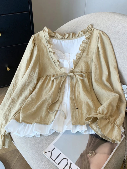Casual Women’s Lace Collar Shirt – Sweet Fake Two-Piece Long Sleeve Top, Autumn 2024 Fashion