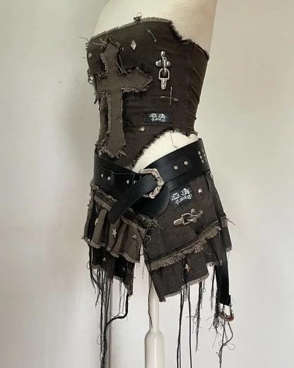 2025 Y2K Gothic Denim Two-Piece Set — Women’s Harajuku Pleated Mini Skirt Streetwear Outfit