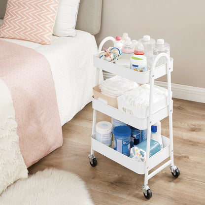 SONGMICS 3-Tier Rolling Utility Cart — Metal Storage Trolley with Wheels, Brakes & Handles for Kitchen or Home Organization