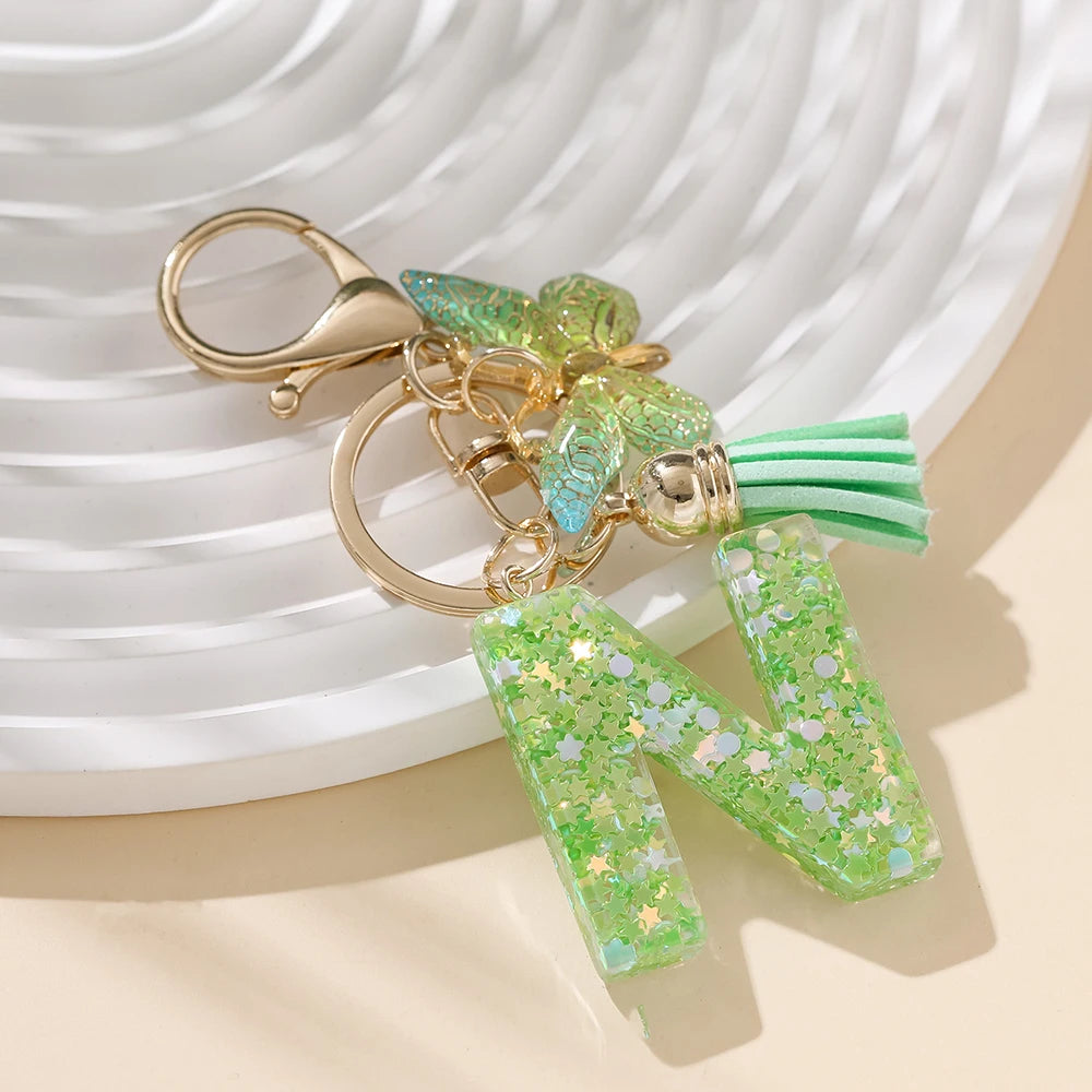 A-Z Initial Letter Resin Keychain - Green Butterfly Lobster Key Ring & DIY Charm