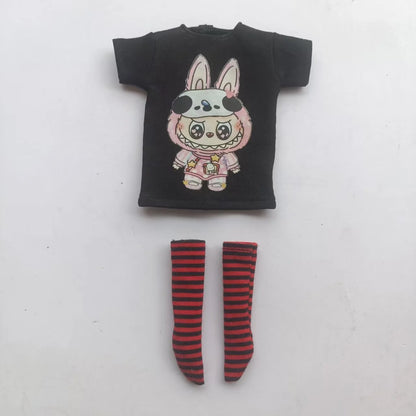 Handmade OB24 1/6 Blyth Doll Clothes – Cartoon T-Shirt with Striped Socks for 1/6 Doll Accessories