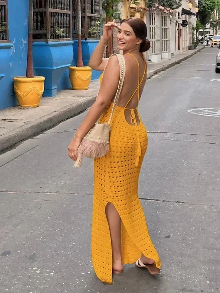 Sexy Knit Cut-Out Tassel Bodycon Maxi Dress – Summer Beach & Party Outfit for Women