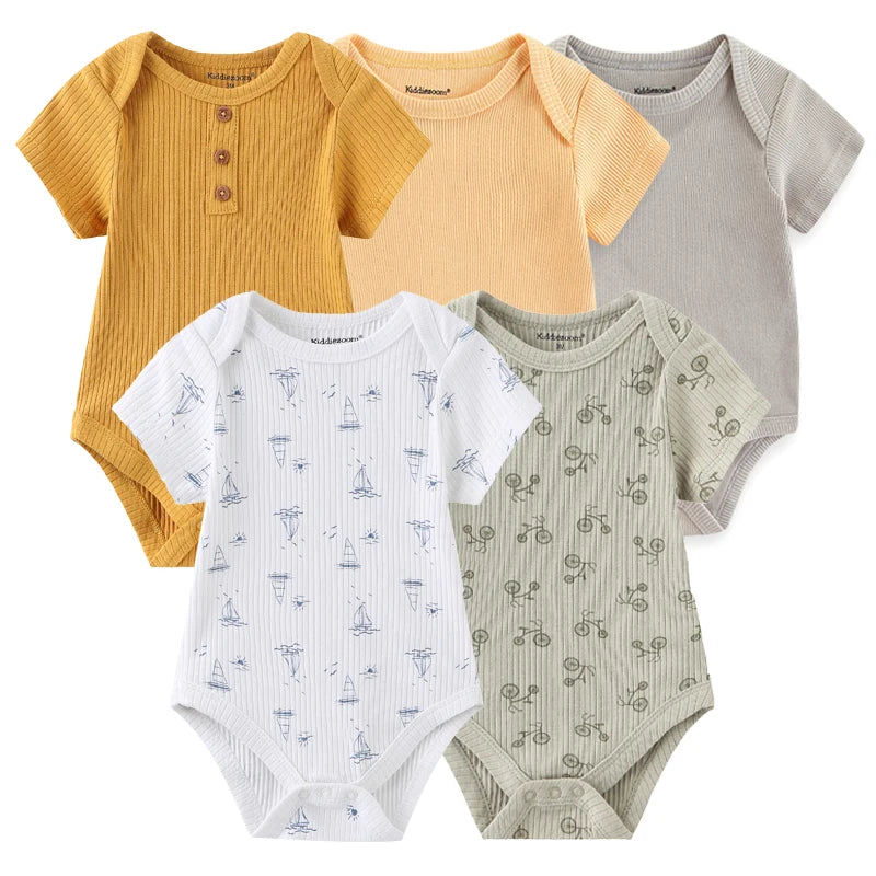 5PCS Newborn Baby Bodysuit Set - Soft Cotton Unisex Baby Clothes with Cartoon Print for Boys & Girls