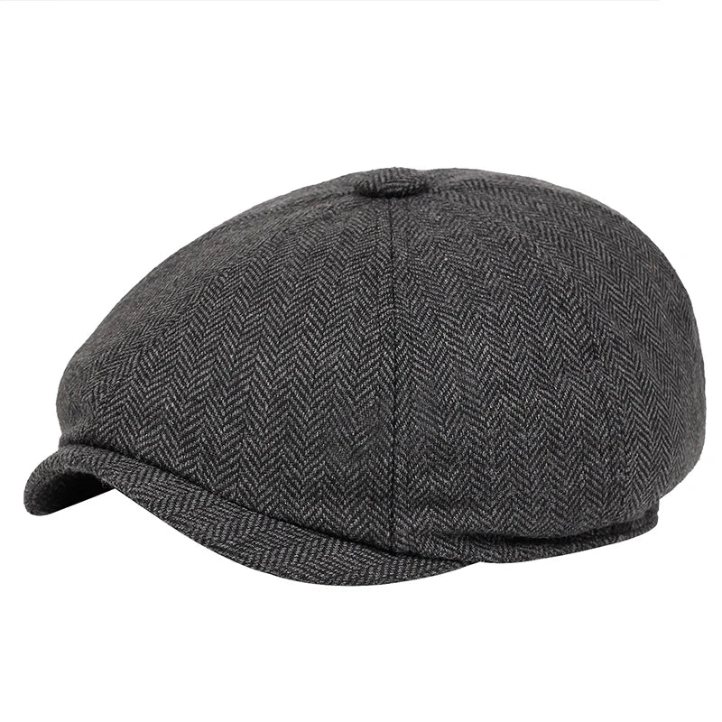 Men's Retro Newsboy Cap - Octagonal Flat Hat with Herringbone Design, British Painter Style Beret for Autumn and Winter