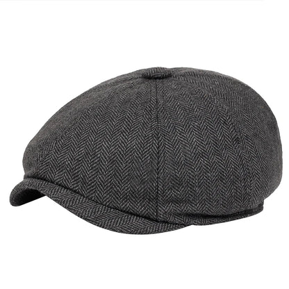 Men's Retro Newsboy Cap - Octagonal Flat Hat with Herringbone Design, British Painter Style Beret for Autumn and Winter