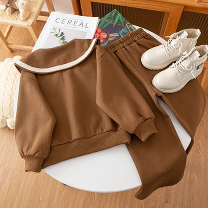 Children's Lapel Long Sleeve Top & Wide Leg Pants Set - 2-Piece Boutique Clothes for Girls, 3-7 Years