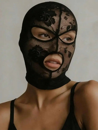 Unisex Venetian Gothic Lace Mask - Black Mesh Full Face Headpiece with Eye & Mouth Openings