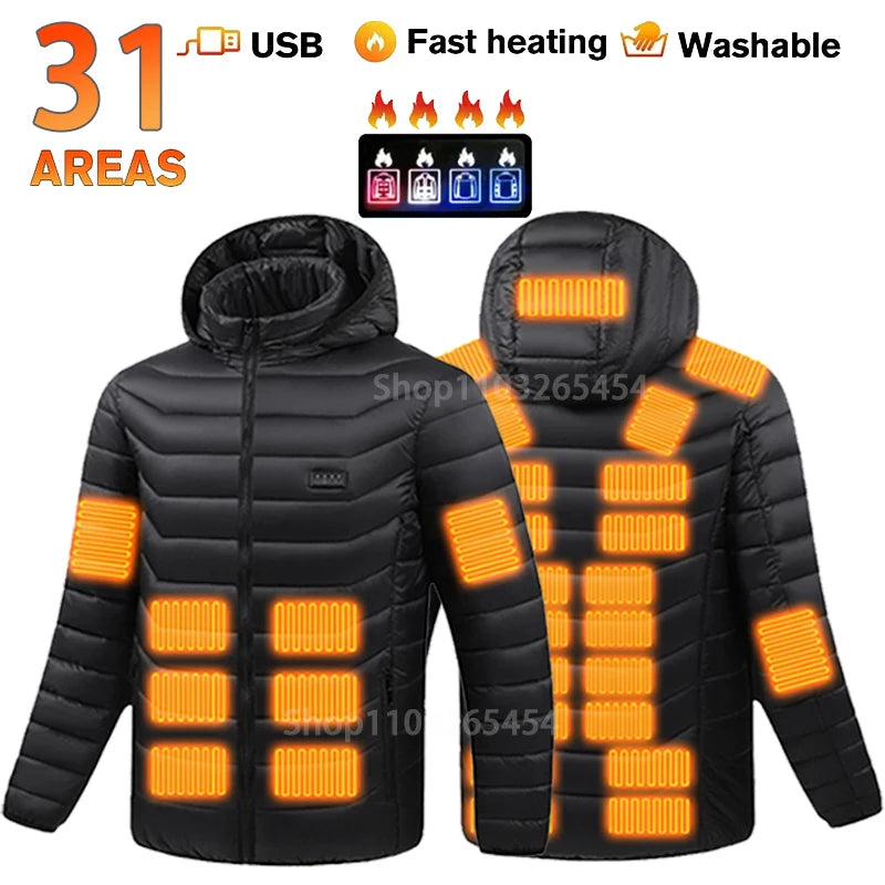 31-Zone Smart USB Heated Jacket for Men & Women – Waterproof Polyester Thermal Coat for Winter, Skiing, and Outdoor Activities