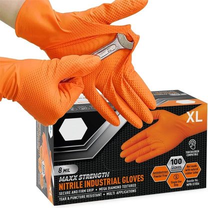 Heavy Duty Orange Nitrile Gloves 8Mil – Industrial Disposable Work Gloves with Diamond Grip for Mechanic Safety