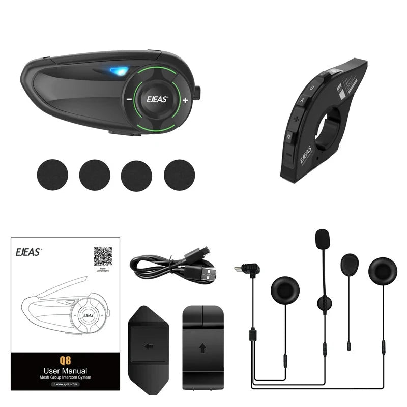 EJEAS Q8 Motorcycle Mesh Intercom – Bluetooth 5.1 Headset with EUC Remote Walkie Talkie for 6 Riders