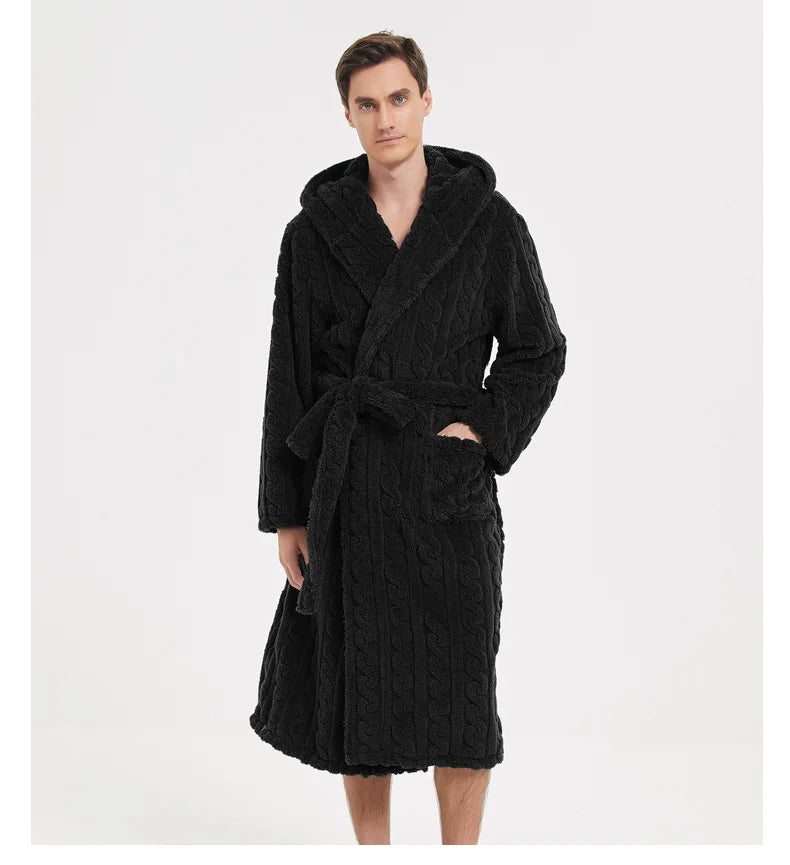Men’s Fall & Winter Warm Hooded Robe – Thickened Cotton Velvet Jacquard Homewear for Couples