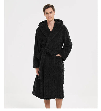 Men’s Fall & Winter Warm Hooded Robe – Thickened Cotton Velvet Jacquard Homewear for Couples