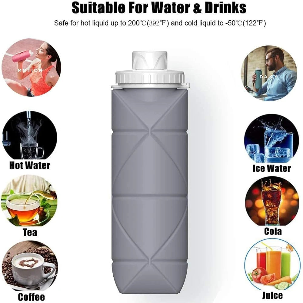 Stay Hydrated Anywhere: 600ML Silicone Folding Water Cup - Collapsible & Leakproof Water Bottle for Travel, Gym, Camping, Hiking - Portable Sports Kettle Drinkware