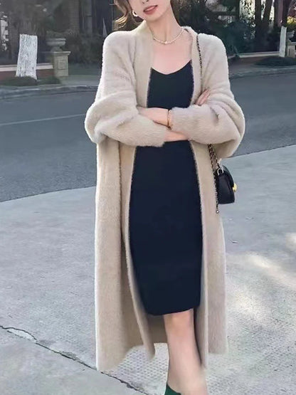 Autumn/Winter Women’s Lazy Style Knee-Length Cardigan – Thickened Imitation Mink Fleece Knitted Sweater, Warm Coat