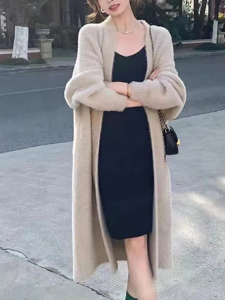 Autumn/Winter Lazy Style Warm Knee-Length Cardigan – Thickened Imitation Mink Fleece Knitted Sweater, Women’s Warm Coat