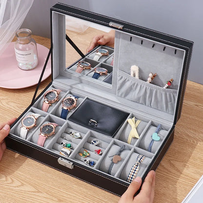 PU Leather Jewelry & Watch Organizer Box — Storage Case for Rings, Earrings, Bracelets, Perfect Gift Casket
