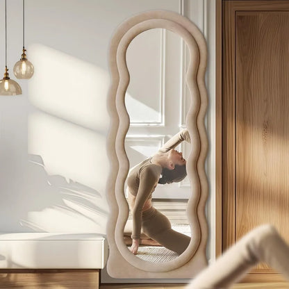 Full-Length Arched Floor Mirror – 63"x24" Wavy Full Body Mirror with Stand, Wall Mounted Leaning Milk Tea Flannel Frame