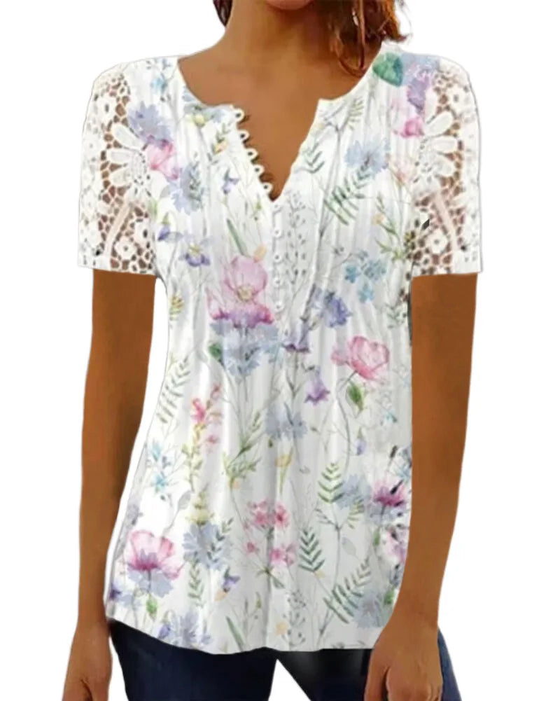 Women’s Summer Floral Lace V-Neck Blouse – Loose Fit Short Sleeve Casual Elegant Printed Fashion Shirt for Spring & Summer Wear
