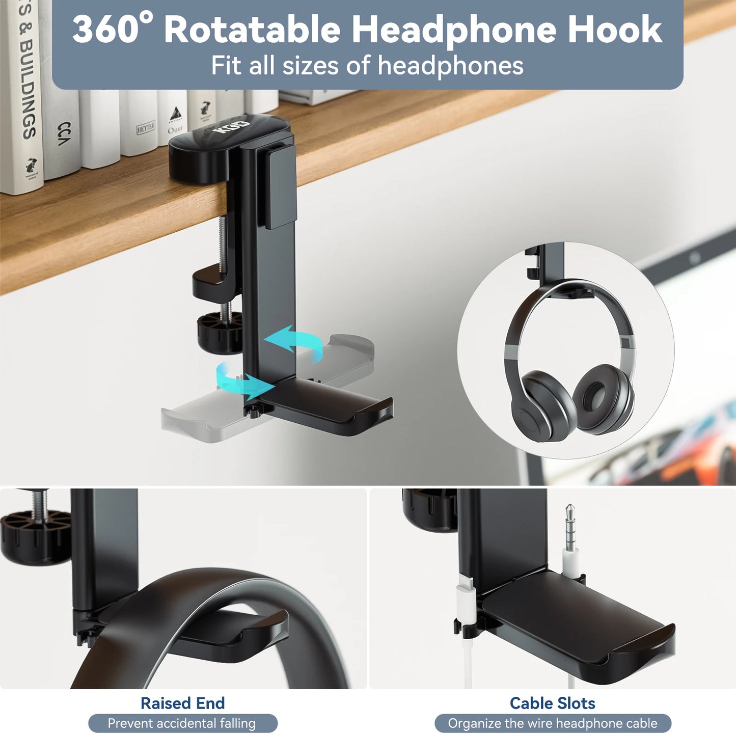 3-in-1 Rotatable Headphone Holder - Under Desk Clamp with Replaceable Cup Holder, Universal Controller and Headset Stand
