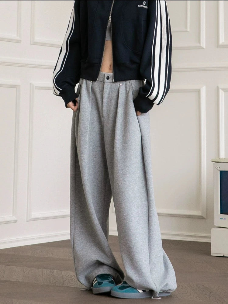 HOUZHOU Vintage Baggy Sweatpants for Women – Y2K Korean Wide-Leg Pants, Zipper Fly, Casual Streetwear, Autumn 2024 Loose Fit