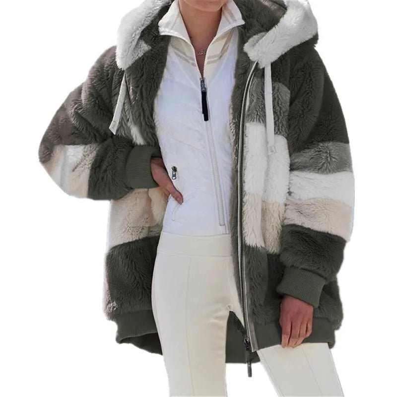 Oversized Jacket for Women – 2023 Autumn Winter Warm Plush Hooded Coat, Loose Fit Streetwear with Pockets